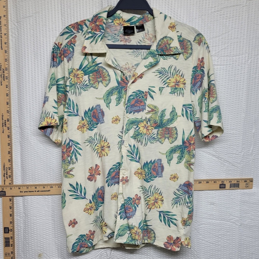 Jurassic World Men Tropical Aloha Shirt Dinosaur Floral Button Down Cream Medium